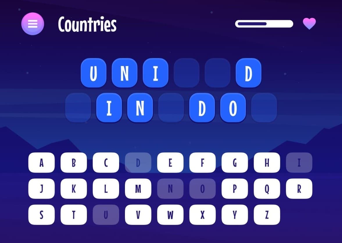Game screen for the Hangman game. The category is displayed at the top. In this case, the category is "Capitals." In the middle are boxes that are either filled in for guessed letters or left empty for unguessed letters. A keyboard is displayed at the bottom, with some letters grayed out.