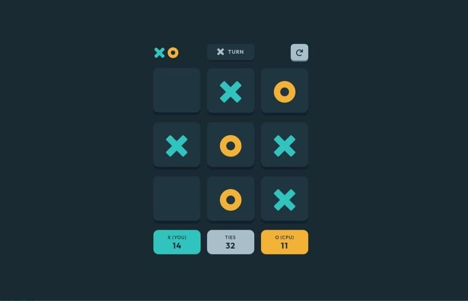 This is the game screen for Tic-Tac-Toe. A box at the top indicates whose turn it is. The nine game squares are in the middle. Some squares are filled with an X or an O. The statistics are displayed at the bottom: X wins, O wins, and ties.